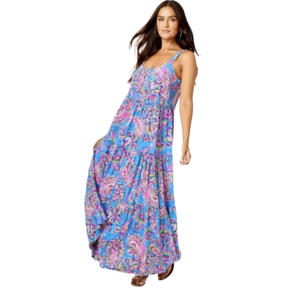 Lilly Pulitzer Loro Maxi Dress Sleeveless Pink & Blue vacation Tiered Medium